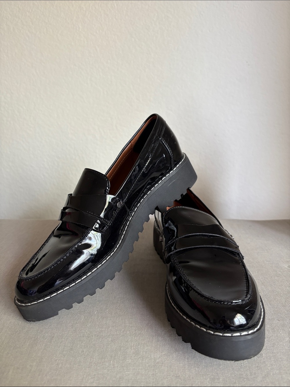 Black Patent Penny Loafers Lug Sole - Franco Sarto size 6